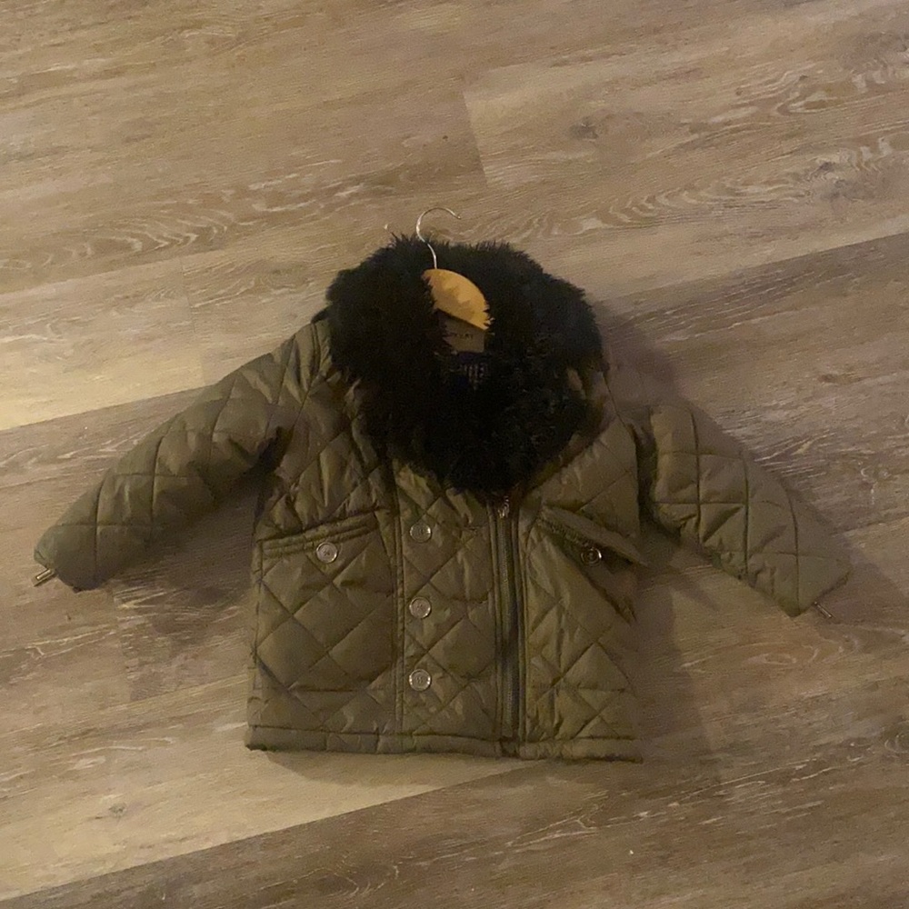 Burberry Olive Green Quilted Kids Jacket with Black Fur Collar